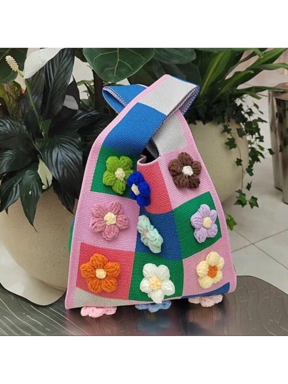 Heavy Woven Knit Flower Detail Pattern Tote Bag Japanese Knot Closure Style